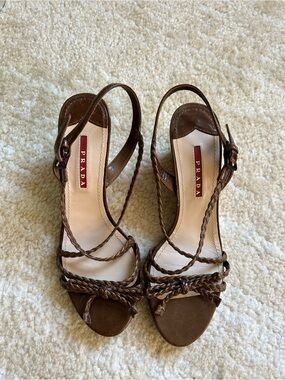 Prada Brown Braided Leather Cork Wedge Sandals Slingback Shoes EU 38 US 8
